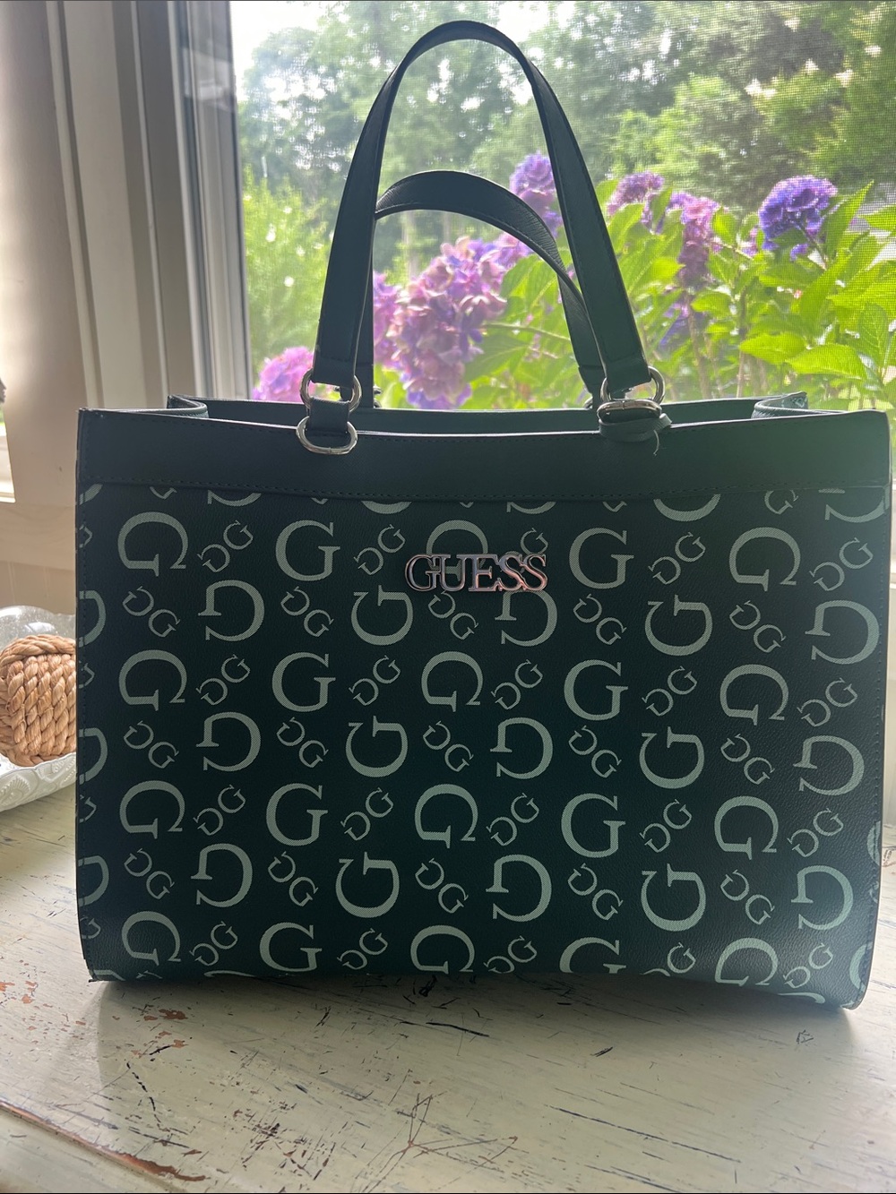 GUESS Green Monogram Tote with white  Logo